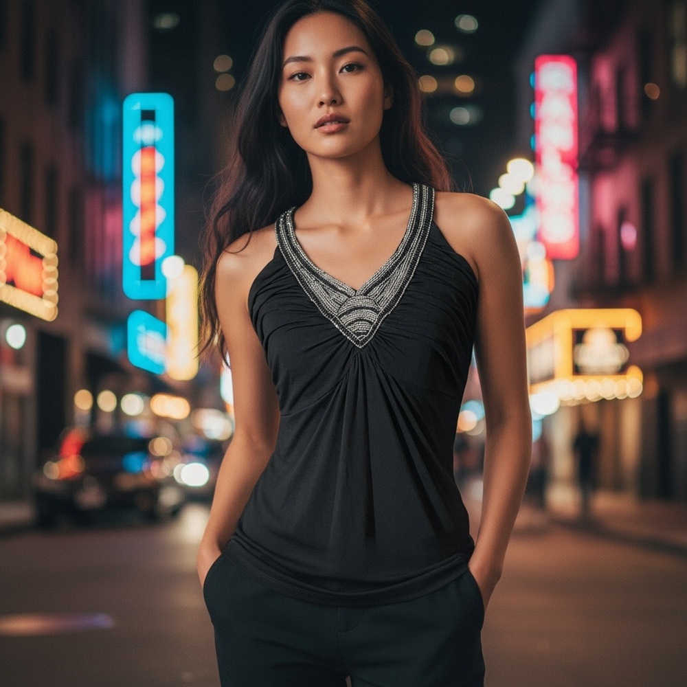 White House Black Market Black Tank Top with Silver Accents